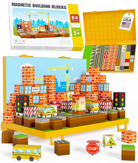 Gift-Ready Magnetic Building Blocks for Kids, Magnet Cubes — Construction Site Toy Building Sets with Magnetic Storage Board — 84-Piece Pixy Stacking STEM Building Toys for Boys & Girls Ages 3 to 12