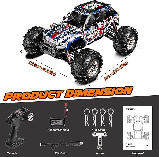 SIMREX 1/16 Scale Hobby RC Car, 36 KPH High-Speed 4WD RC Truck, 2.4 GHz Remote Control Car, All-Terrain Electric Vehicle, 4X4 Remote Contral Moster Truck for Kids and Adults