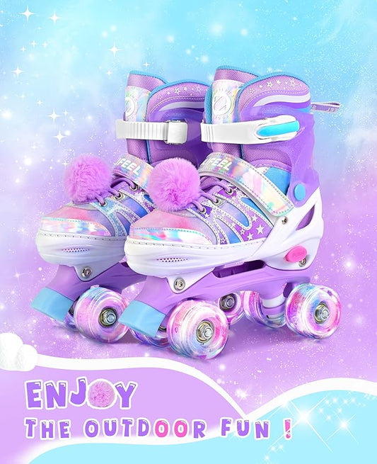 SULIFEEL Rainbow Tie-Dye Adjustable Roller Skates for Girls Kids Ages 3-5 5-8 6-12 Pink Purple Light Up Skate with Fluffy Pom Poms Triple Protection for Indoor Outdoor Skating