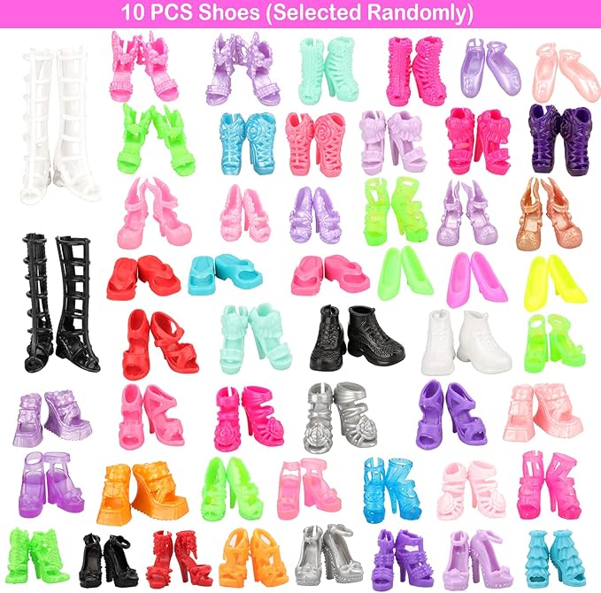 40 PCS Doll Clothes and Outfits - 6 Pants Outfits, 10 Shoes, 15 Makeup Accessories and 9 Tableware Accessories for 11.5 inch Doll Girl Dolls