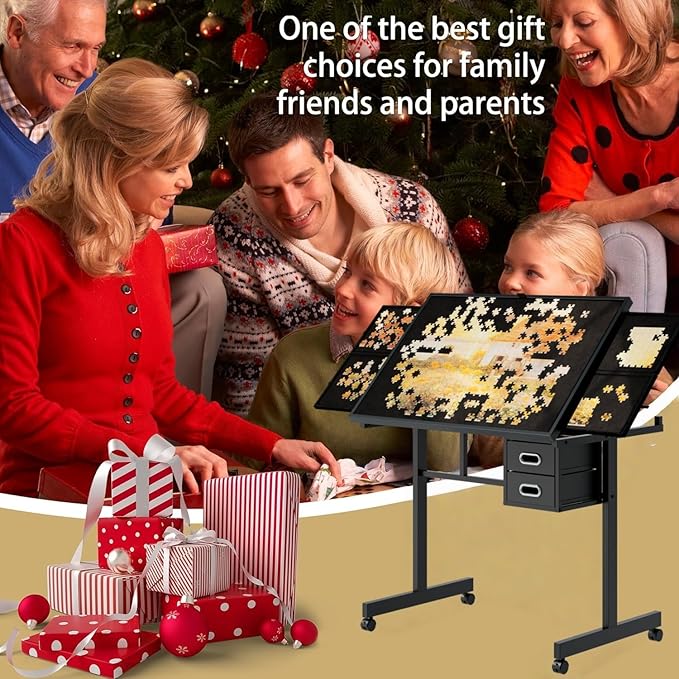 1000 Piece Jigsaw Puzzle Table with Drawers & Legs, Adjustable tilt Angle of 0-75 Degrees, Portable Puzzle Table for Adults, Easy to Move (Black)