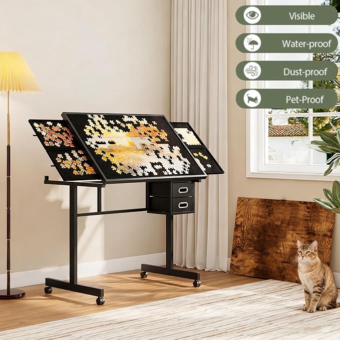 1000 Piece Jigsaw Puzzle Table with Drawers & Legs, Adjustable tilt Angle of 0-75 Degrees, Portable Puzzle Table for Adults, Easy to Move (Black)