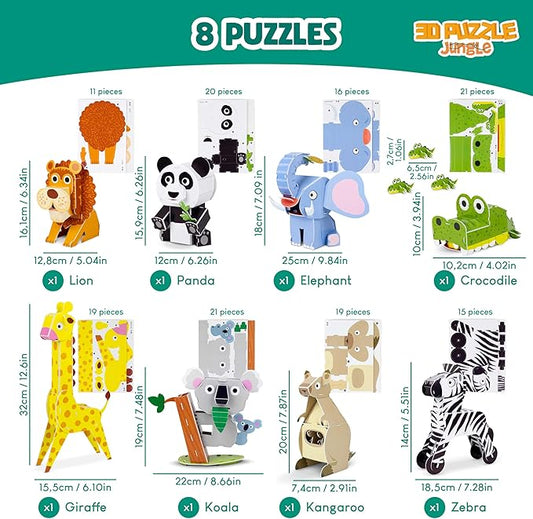 BONNYCO 3D Puzzles for Kids Toys Jungle Animals Pack 8. 3D Puzzle Jigsaw 6-8 9-13, Educational Girl and Boy Toys. Gifts for Kids Activity, Birthday Gifts for Boys. Rompecabezas 3-D Foam, Christmas