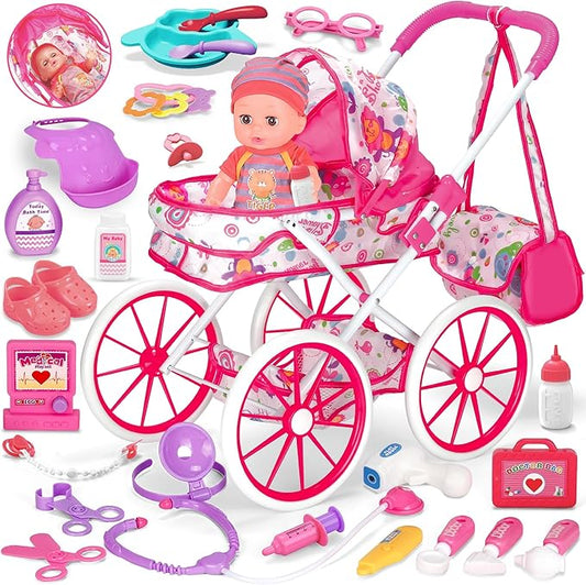 Baby Doll Stroller Toys Set, 12″ Doll with Accessories, 28Pcs Baby Dolls and Stroller Set with Care Bag, Clothes, Baby Bottle, Realistic Pretend Play Toy for Girls 3-5, 4-6, 7 Years Old Toddler Gift