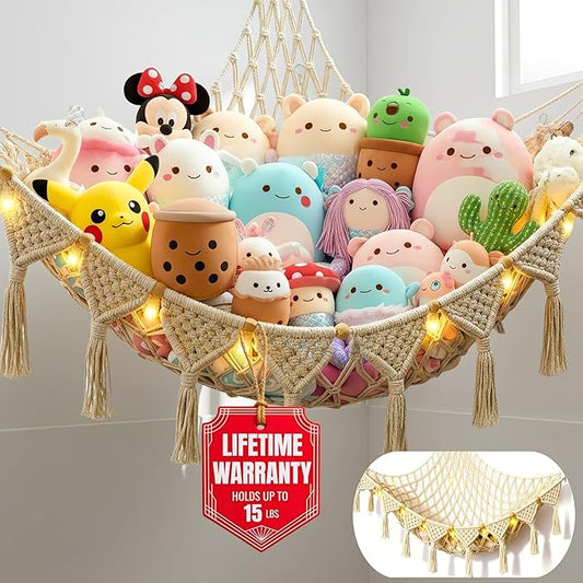 Stuffed Animal Hammock Corner | Sturdy Handcrafted Stuffed Animal Net | 4mm Double Macrame Cord Stuffed Animal Holder | Natural 100% Cotton Plushie Net | Toy Hammock w/LED Light (Ice Cream)