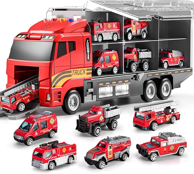 TEMI Toddler Toys for 3 4 5 6 Years Old Boys, Die-cast, Alloy Metal Emergency Fire Rescue Vehicle Transport Car / Truck Toys Set w/Play Mat for Age 3-9 Toddlers Kids Boys & Girls