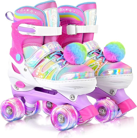 SULIFEEL Rainbow Tie-Dye Adjustable Roller Skates for Girls Kids Ages 3-5 5-8 6-12 Pink Purple Light Up Skate with Fluffy Pom Poms Triple Protection for Indoor Outdoor Skating