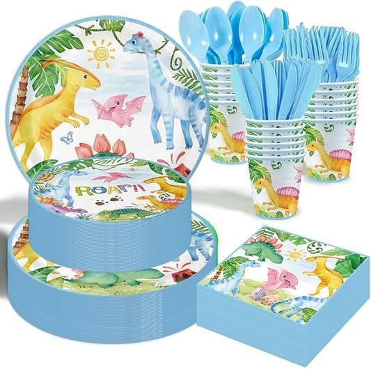 Dinosaur Birthday Party Supplies - 350PCS Dinosaur Themes Party Tableware Set, Bithday Disposable Paper Plates Cups and Napkins For Boys Kids Dinosaur Birthday Baby Shower Decorations, Serve 50