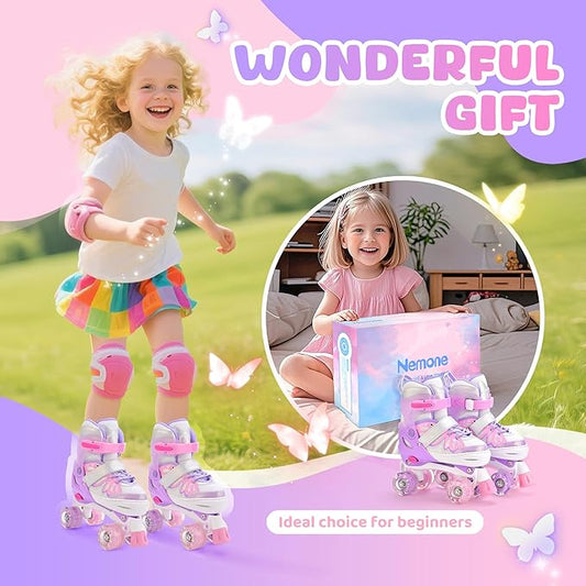 NEMONE Mermaid 4 Size Adjustable Light up Roller Skates for Girls, Purple Blue Skates for Toddlers, Beginner Kids Butterfly Roller Skates Indoor Outdoor