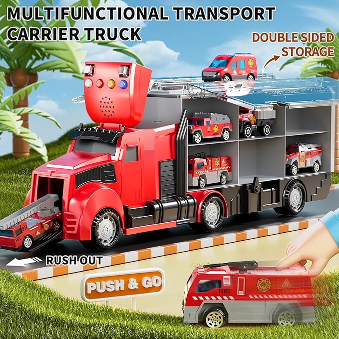 Fire Trucks Toy Set with Play Mat, Carrier Truck Play Vehicles Set for 3 4 5 6 Years Old Boys Kids, Die-Cast Car Toy for Toddlers 3-4 Years, Birthday Gifts Toys for 3-9 Year Old Boys