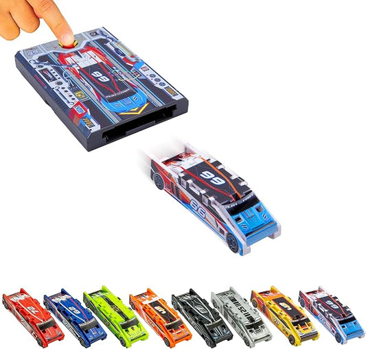 FLAT 2 FAST Original Stunt Card Racer – Flat Car Racer and Pocket Size Racecar Launcher with Built-in Button for Stunt Launching and Racing – Compact – Sky Blue