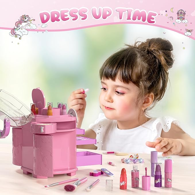 PERRYHOME Kids Makeup Set for Girls, 63 Pcs Washable Non-Toxic Real Cosmetic Toddler Makeup Kit, Unicorn Princess Play Makeup Toys Birthday Gifts, Dress up Time Girl Toys for 3 4 5 6 7 8 9 10 11 12