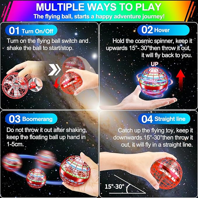 Flying Orb Ball Toy,2025 Upgrad Parachute LED,Magic Hand Controlled Mini Galaxy Hover Ball,Cosmic Globe Boomerang,Cool Thanksgiving Birthday Gift for 6 7 8 9 10+ Year Old Girls-Bright Red