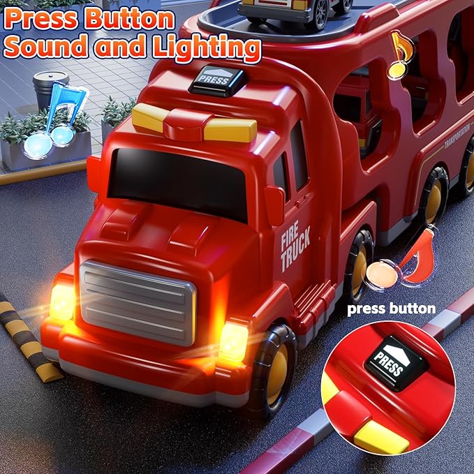 Fire Truck Toys for Toddler 1-3 3-5, 5-in-1 Fire Car Carrier Vehicle Set for Girls 1 2 3 4 5 6 Years Old, Transport Car with Light Sound, Birthdays Gifts for Kids Girls Aged 3-9