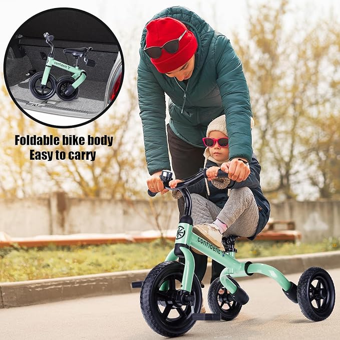 YGJT 3 in 1 Tricycle for Toddlers Age 2-5 Years Old, Folding Kids Balance Bikes with Adjustable Seat and Removable Pedal, Ride-on Toys for Infant, Gift for Baby Boys Girls Birthday (Mint Green)