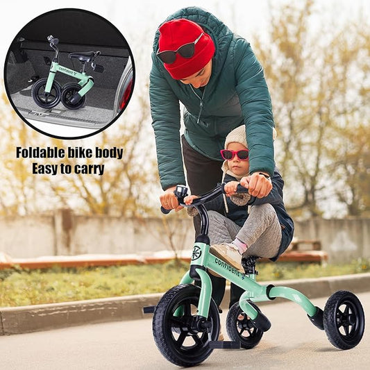 YGJT 3 in 1 Tricycle for Toddlers Age 2-5 Years Old, Folding Kids Balance Bikes with Adjustable Seat and Removable Pedal, Ride-on Toys for Infant, Gift for Baby Boys Girls Birthday (Mint Green)