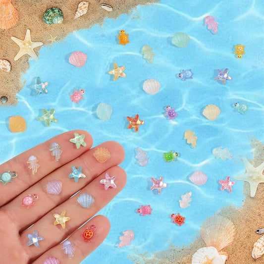 400pcs Luminous Mini Ocean Resin Animals Starfish Jellyfish Seashell Mini Turtles Set Resin Animals Tiny Sea Models for Dollhouse Miniatures DIY Fish Tank Fairy Garden Micro Landscaping