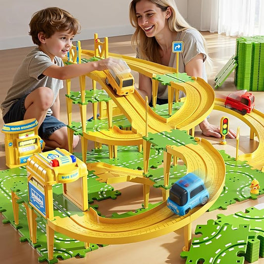 4-Tier Large Puzzle Race Car Track Set for Kids 3-5, Puzzle Tracks Car Play Set, Race Tracks Toys for Toddler Boys 3 4 5 6 Year Old, Birthday Gifts for Kids 3 4 5 6 7 8 Year Old Boys Girls