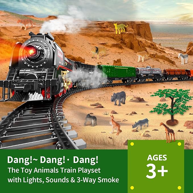 Model Train Set, Remote Control Train Toys with 3Way Smoke Locomotive, 5 Train Cars, Luxury Track Kit, 12 Animal Toys, Authentic Train Smoke & Light, Top Present for Train Lovers, Kids 3+