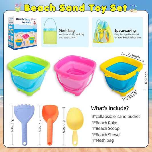 Collapsible Beach Sand Bucket 3 Packs Foldable Buckets Set with Shovels & Mesh Bag Collapsible Beach Toys for Kids Summer Sand Buckets for Kids Cruise Beach Essentials