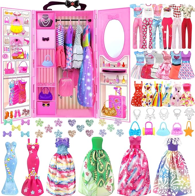 82PCS Doll Clothes and Accessories with Closet for 11.5 Inch Doll - Fashion Design Set Including Wedding Dress Fashion Dresses Outfits Tops and Pants Hangers Bags for Girls