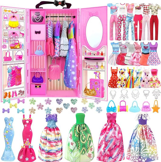 82PCS Doll Clothes and Accessories with Closet for 11.5 Inch Doll - Fashion Design Set Including Wedding Dress Fashion Dresses Outfits Tops and Pants Hangers Bags for Girls