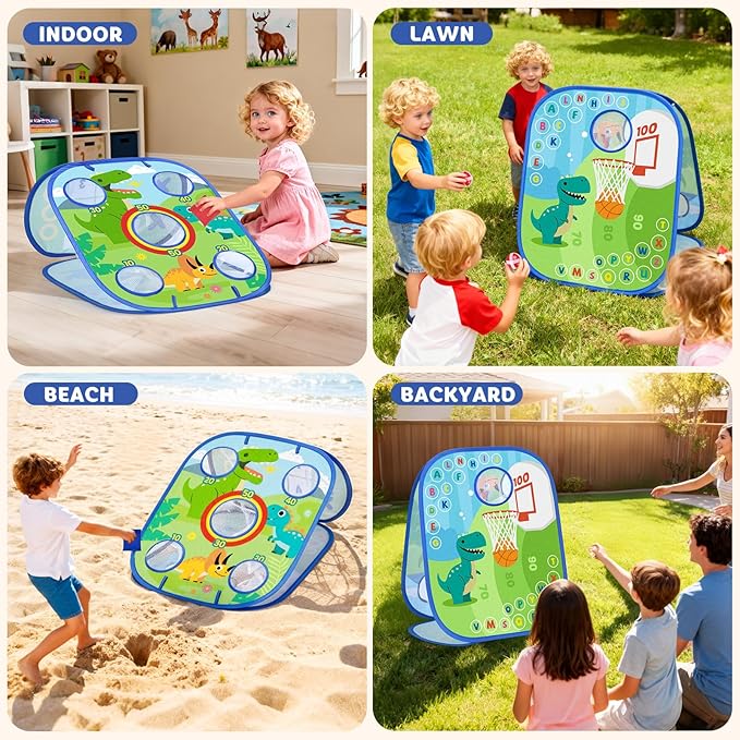 Dinosaur Cornhole Games Set for Kids, 6-in-1 Bean Bag Toss Game,Basketball Dart Board, Sports Play and Learn Eduational Toys for Toddler, Indoor Outdoor Games Toys Gifts for Kids Age 3 4 5 6 7 8