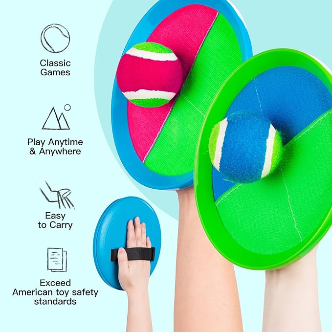 EVERICH Upgraded Toss and Catch Ball Game Set, Outdoor Games for Kids Outdoor Toys Yard Games, Beach Pool Toys for Adults Family 4 Paddles 4 Balls, Great Gifts for Boys Girls 3 4 5 6 7 8-12 Years Old