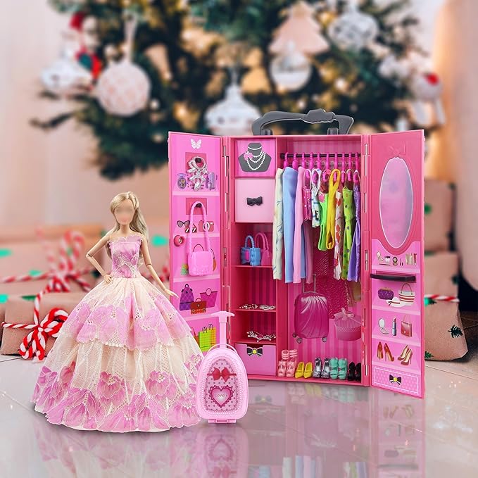 ZITA ELEMENT 11.5 Inch Girl Doll Closet Wardrobe with Clothes and Accessories Set 101 Pcs Including Wardrobe Suitcase Clothes Dresses Swimsuits Shoes Hangers Necklace Bags and Other Stuff