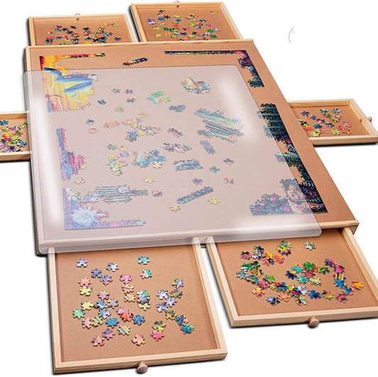 PlayVibe 1500 Piece Puzzle Board with Drawers and Cover - Jigsaw Solve Station - Portable Puzzle Table with Drawers, Tray & Accessories - Raised Edges to Prevent Slipping - Thanksgiving Puzzle