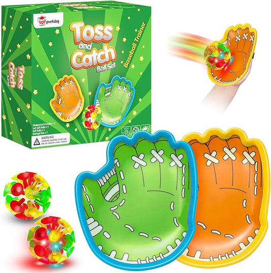punkdog LED Toss and Catch Ball Game Set - 1 LED and 1 Regular Suction Cup Ball with 2 Easy-Grip Gloves - Beach Sports Toys for Kids - Outdoor Games for Backyard or Park - Christmas for Kids