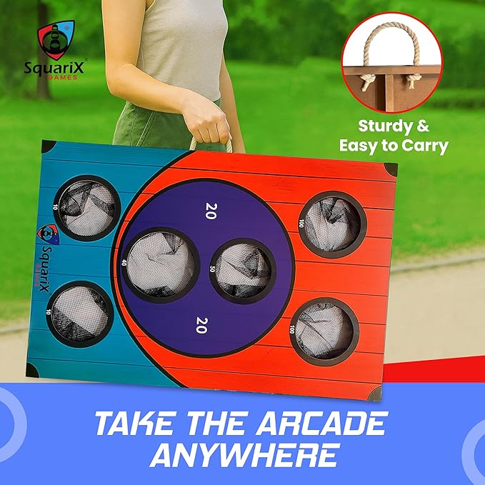 Cornhole Arcade Board Set 3x2 feet with 8 Bean Bags, Skee Ball Style Toss Game for Adults and Family, Indoor Outdoor Fun for Camping, Parties, Beach and Yard