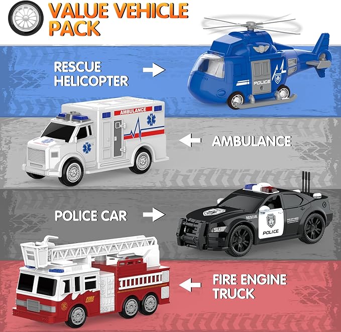 COVTOY 4 Pack Emergency Vehicles with Lights & Siren Sounds - Fire Truck, Ambulance, Police Car & Helicopter - Friction Powered Toys for Boys 3-6