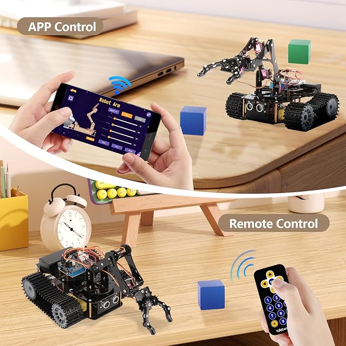 Robotics for Kids Ages 12-16, ACEBOTT Smart Robot Arm with 5DOF + Tank Car, STEM Toys Coding Kit Compatible with Arduino & Scratch, App & Remote Control, Gift for Kids & Teens