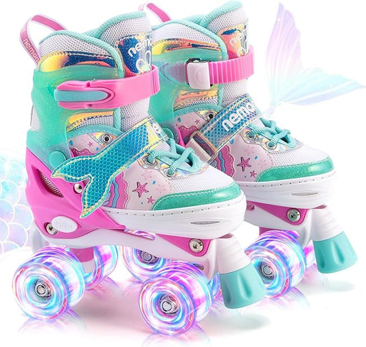 NEMONE Mermaid 4 Size Adjustable Light up Roller Skates for Girls, Purple Blue Skates for Toddlers, Beginner Kids Butterfly Roller Skates Indoor Outdoor