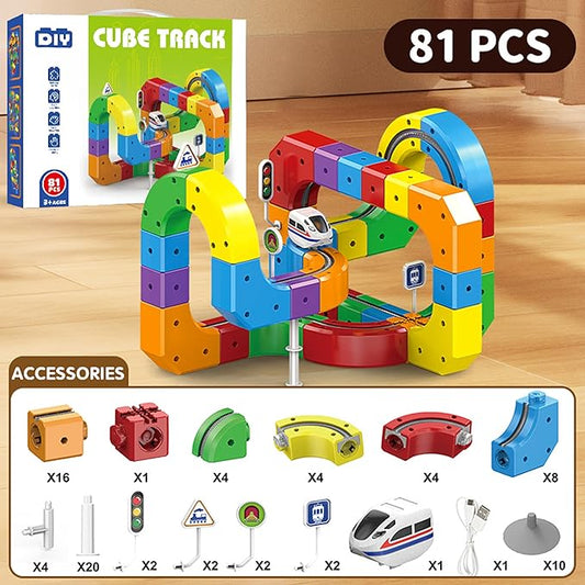 Magnetic 3D Flexible Race Track Train Set with Motorized Car, DIY Anti-Gravity Building Track STEM Toy for Kids Ages 3-10 (81PCS)