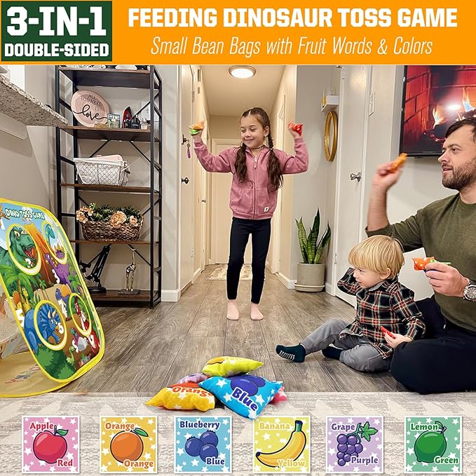RaboSky 3-in-1 Feed Dinosaur Toss Games for Kids with 6 Fruit Bean Bags, 2 Throwing Axes, 6 Sticky Balls, Outdoor Toddlers Toys Indoor Activities for 2 3 4 5 Boy Gifts Birthday Party Easter Christmas