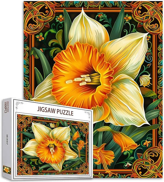 Yellow Daffodil Flower Jigsaw Puzzle 1000 Pieces Puzzles for Adults,Russian Palekh Style Jigsaw Puzzles for Challenging Family Activity Games Colorful DIY Puzzle for Home Gifts - 20 x 27 Inches