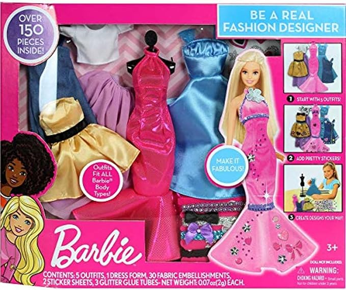 Tara Toys Barbie Be a Real Fashion Designer Classic Set DIY Doll Clothing Kit for Girls with Fabric, Ribbons, Stickers & Sketchbook Creative Fashion Toy for Ages 6+
