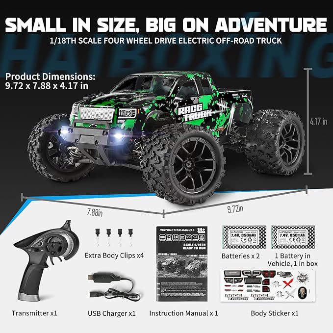 HAIBOXING 1:18 Scale All Terrain RC Car 18859, 36 KPH High Speed 4WD Electric Vehicle with 2.4 GHz Remote Control, 4X4 Waterproof Off-Road Truck with Two Rechargeable Batteries