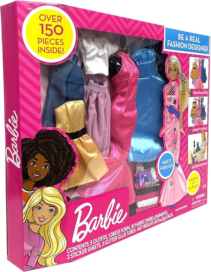 Tara Toys Barbie Be a Real Fashion Designer Classic Set DIY Doll Clothing Kit for Girls with Fabric, Ribbons, Stickers & Sketchbook Creative Fashion Toy for Ages 6+