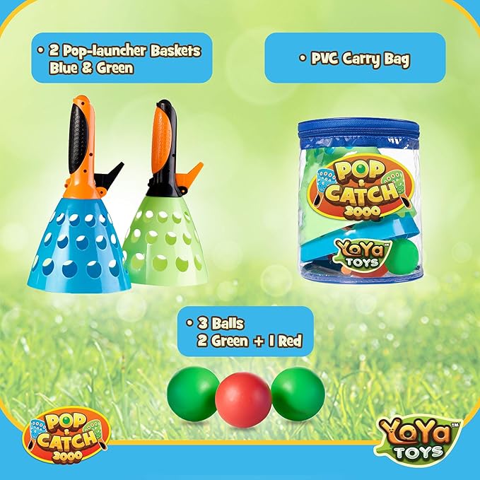 YoYa Toys Pop and Catch Ball Game - Indoor Outdoor Kids Play Activities, Pop-Pass-Catch Games for Camping, Beach Sport, Backyard, Pool - 2 Launcher Baskets, Ages 3 4 5 6 7 8 9 Year Old Boys Girls Gift