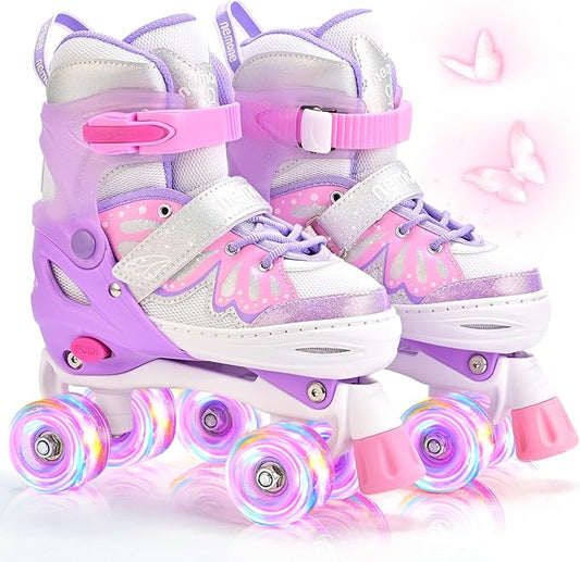 NEMONE Mermaid 4 Size Adjustable Light up Roller Skates for Girls, Purple Blue Skates for Toddlers, Beginner Kids Butterfly Roller Skates Indoor Outdoor