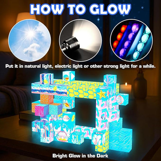 Magnetic Blocks - 140PCS Magnetic Building Blocks for Kids, 2025 Upgraded Light-Up Ocean World Magnet Cubes Set, STEM Building Toys for Boys Girls Toddlers Ages 3 4 5 6 7 8-12 Holiday Birthday Gifts