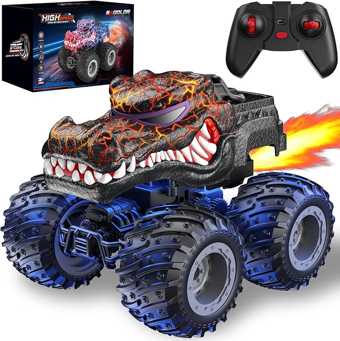 Remote Control Monster Car, 2.4GHz RC Crocodile Monster Truck Toys for 3 4 5 6 7 8 Years Old Boys Kids, All Terrain RC Truck Off Road with Spray, Light, Rechargeable Battery, Christmas Birthday Gifts