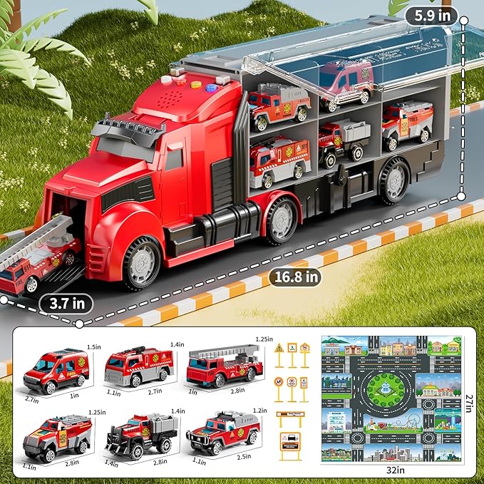 Fire Trucks Toy Set with Play Mat, Carrier Truck Play Vehicles Set for 3 4 5 6 Years Old Boys Kids, Die-Cast Car Toy for Toddlers 3-4 Years, Birthday Gifts Toys for 3-9 Year Old Boys