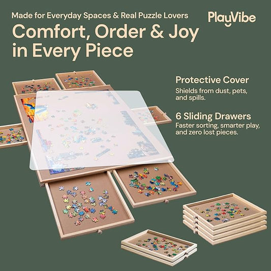 PlayVibe 1500 Piece Puzzle Board with Drawers and Cover - Jigsaw Solve Station - Portable Puzzle Table with Drawers, Tray & Accessories - Raised Edges to Prevent Slipping - Thanksgiving Puzzle