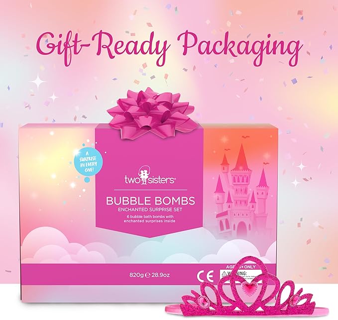 Princess Bath Bombs for Girls with Surprise Toys Inside (6 Pack) – Large Fizzy Bubble Bath Bomb for Kids - Princess, Mermaid, Fairytale Bath Toys – Fruity Scent, Skin-Safe, Made in USA by Two Sisters