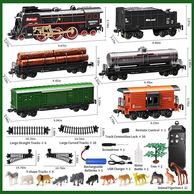 Model Train Set, Remote Control Train Toys with 3Way Smoke Locomotive, 5 Train Cars, Luxury Track Kit, 12 Animal Toys, Authentic Train Smoke & Light, Top Present for Train Lovers, Kids 3+