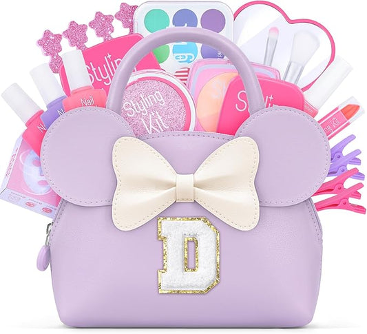 Kids Real Makeup Kit for Girls - 21Pcs Non-Toxic Make Up Toys with Initial Toddler Purse - Personalized Birthday Gifts for Age 5 6 7 8 9 10 Years Old Girls Vanity Set - Purple D